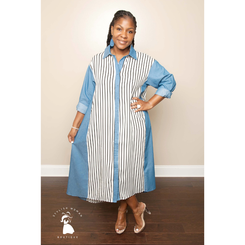 Chambray with Black and White Stripes Shirt Dress