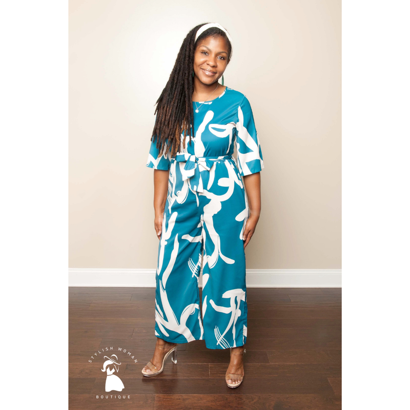 Turquoise and Ivory Printed Jumpsuit