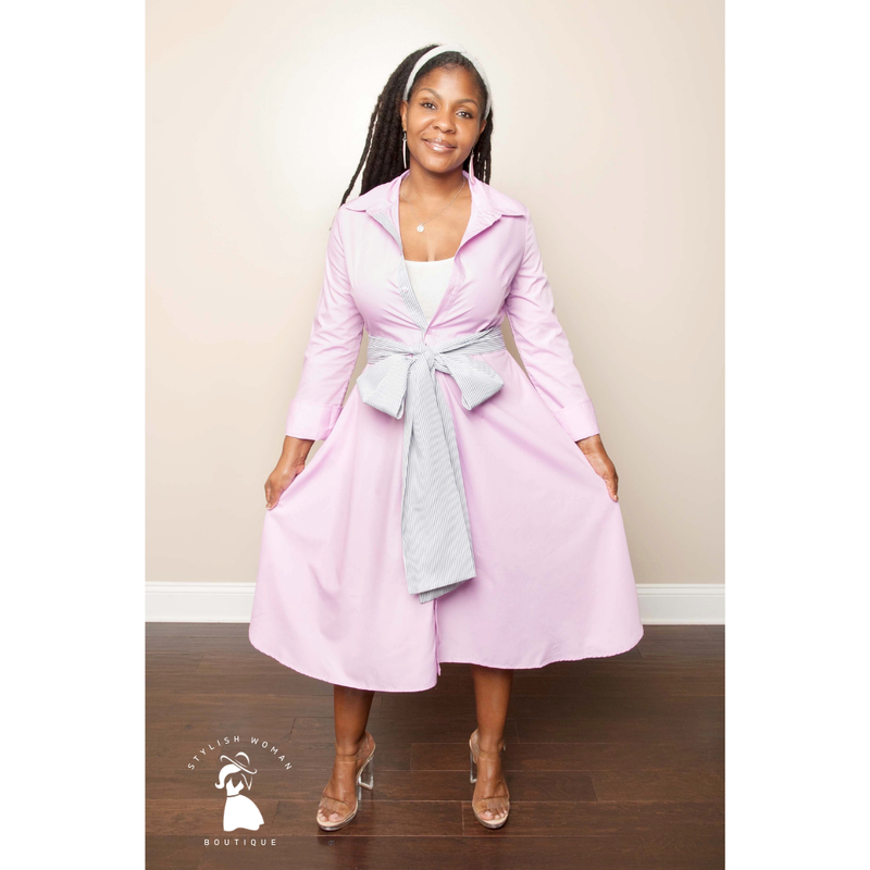 Miss Classy Pink and Gray Belted Dress