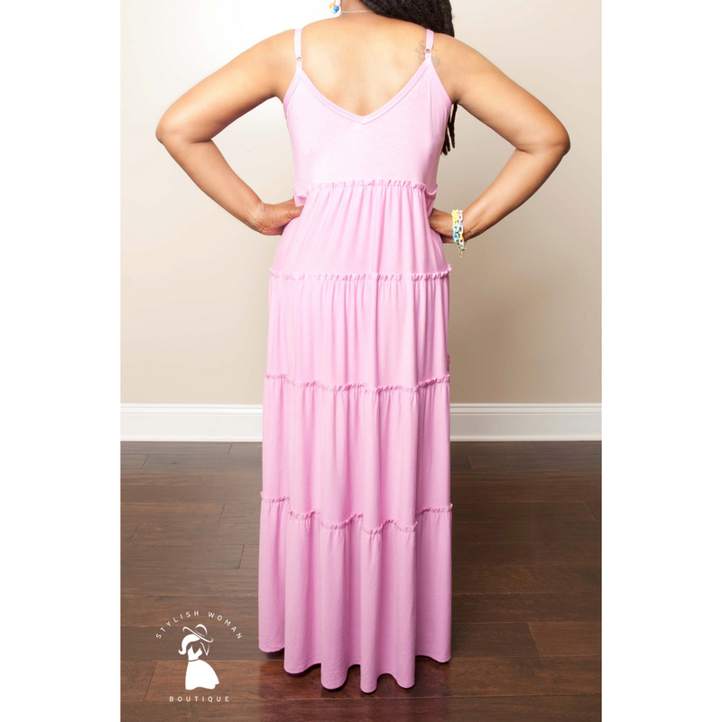 Candy Pink V-Neck Tiered Cami Maxi Dress