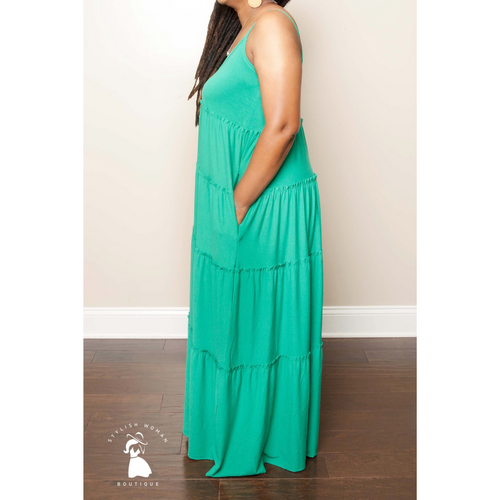 Kelly Green V-Neck Tiered Cami Maxi Dress