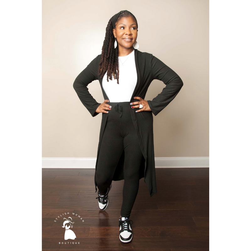 Curvy Size Ribbed Cardigan and Leggings Set