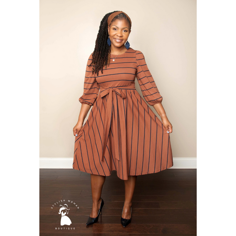 Chocolate and Navy Striped Midi Dress