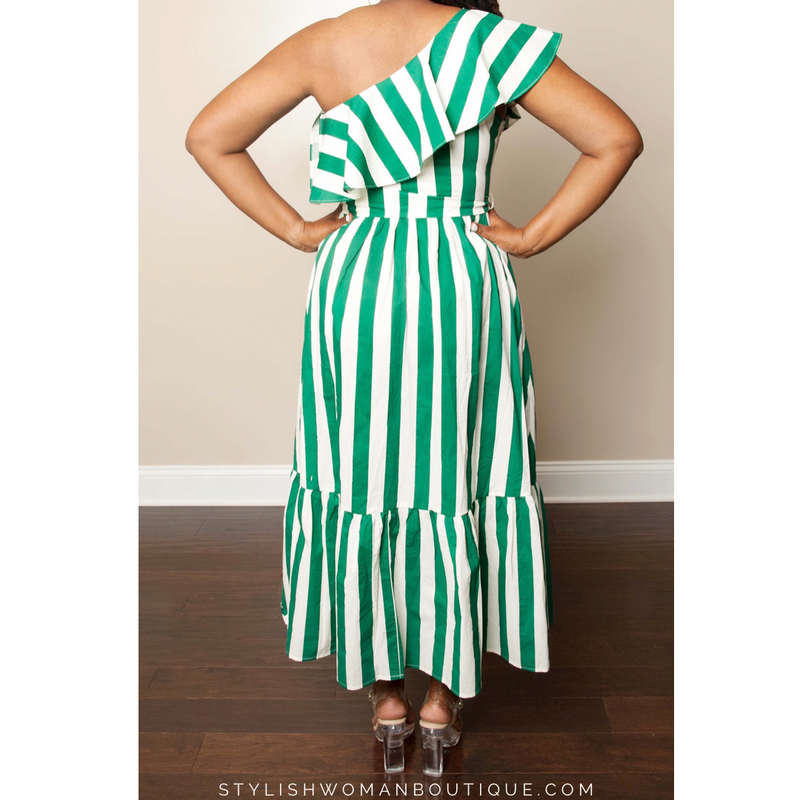 Green and White Poplin Midi Dress