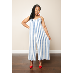 Blue and White Striped V-Neck Jumpsuit