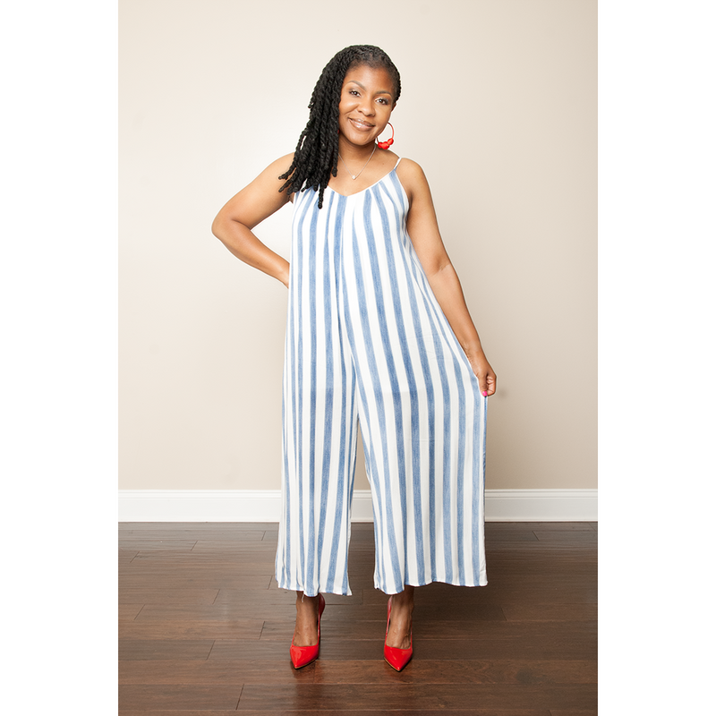 Striped v store neck jumpsuit