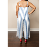 Blue and White Striped V-Neck Jumpsuit