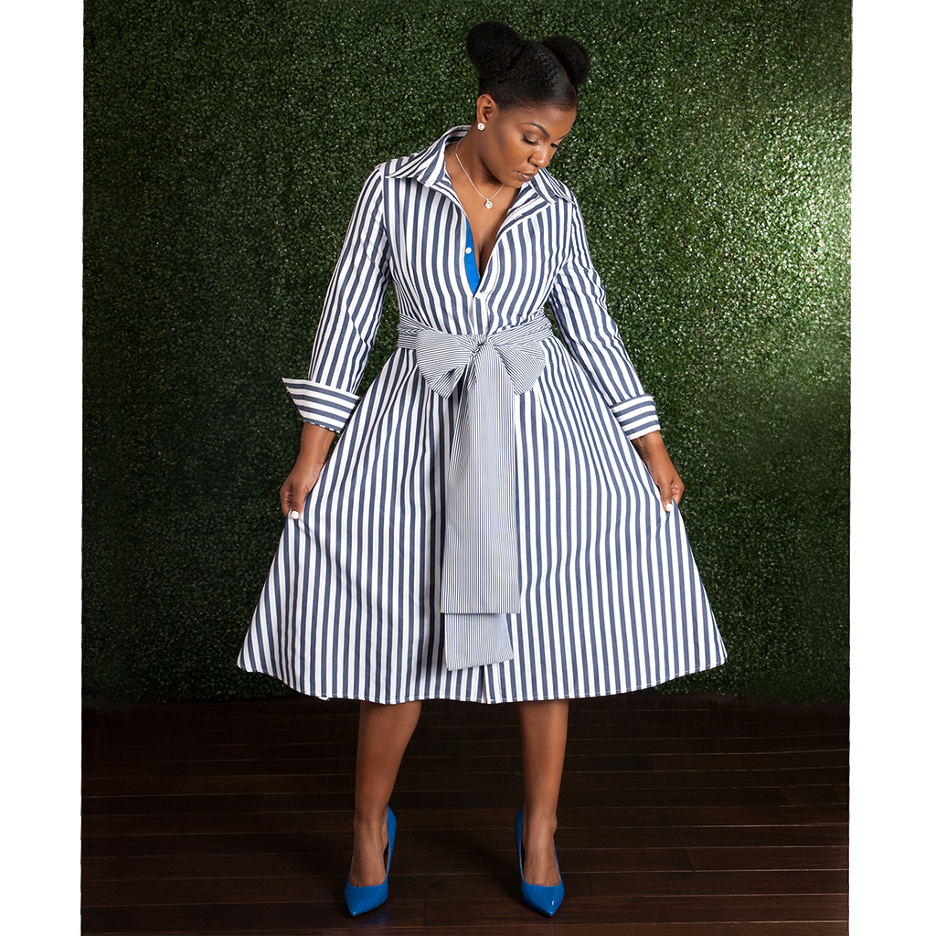 She\'s Killing It Navy Blue The Boutique Striped Woman White and Dress – Stylish